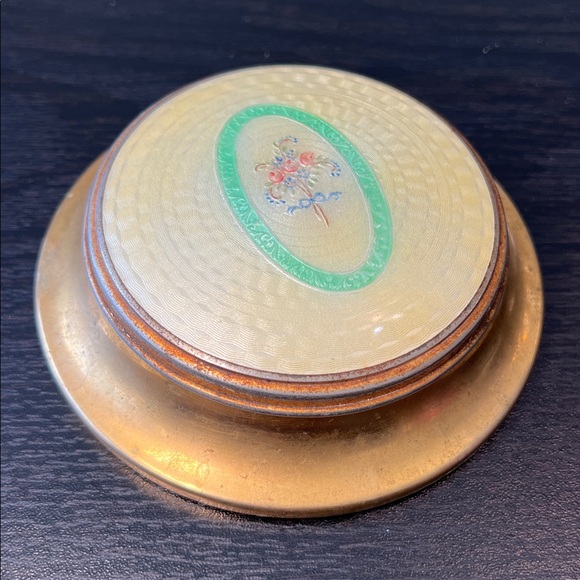 Antique Guilloche Enamel Floral Bouquet Brass Vanity Powder Box Jewelry Box - Picture 7 of 12
